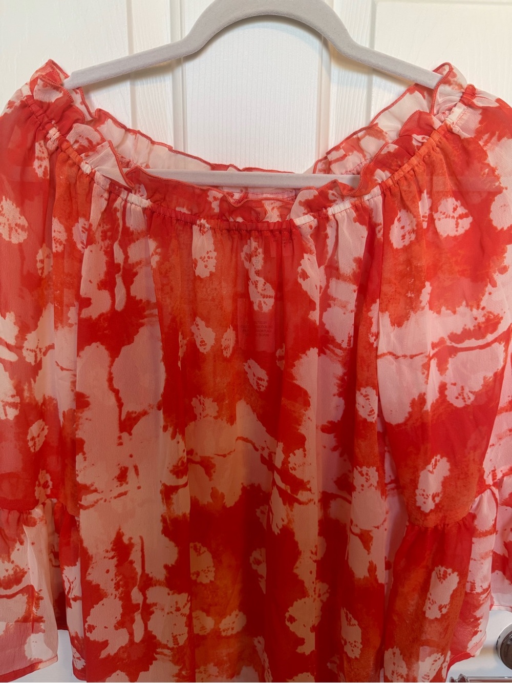 Forgotten Grace Women's Off-Shoulder Sheer Blouse Coral Red Small - Picture 2 of 6